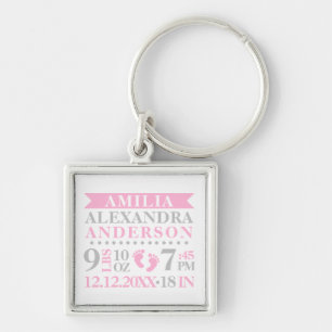 Porte-clés Gris rose personnalisé de stat de naissance de