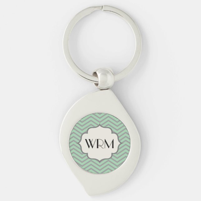 Porte-clés Gris vert de menthe Chevron Motif Monogrammé (Devant)