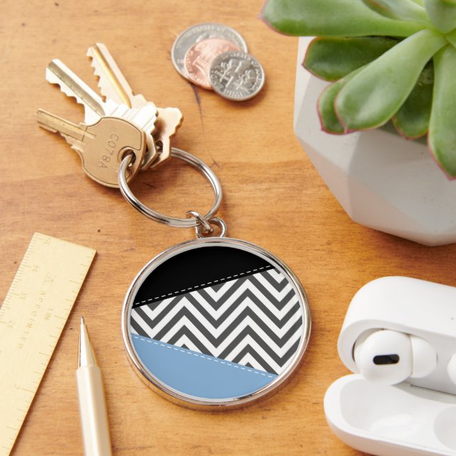 Porte-clés Gris Zigzag, Gris Chevron, Motif Zigzag, Bleu (Bureau)