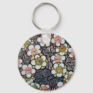 PORTE-CLÉS HAÏKU / NOIR BLANC ROSE JAUNE FLEURS DE PRINTEMPS