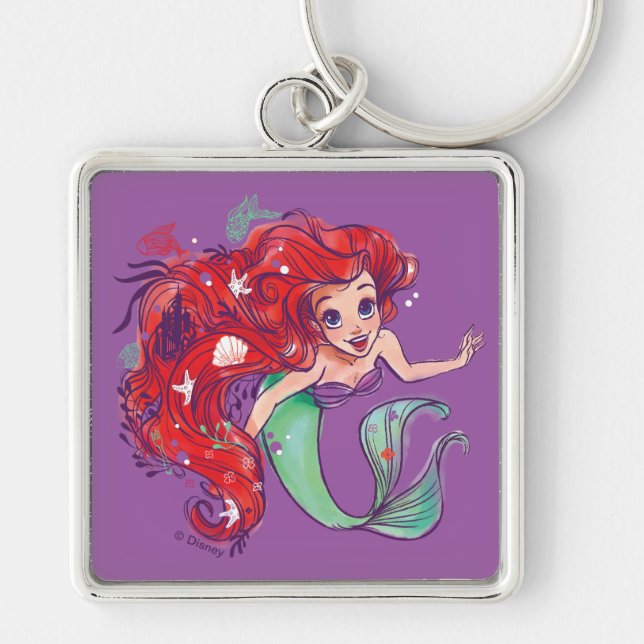 Porte-clés Hair Princesse Ariel aquarelle décorée (Devant)
