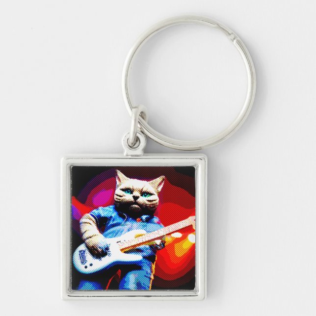 Porte-clés Halftone Metal Moggy Chat Guitariste à Denim (Devant)
