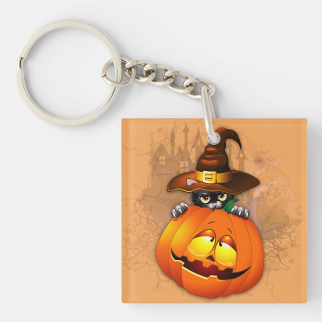 Porte-clés Halloween Cute Kitty Witch et ami Citrouille (Devant)