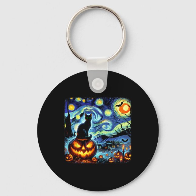Porte-clés Halloween Van Gogh Starry Night Chat noir Citrouil (Recto)