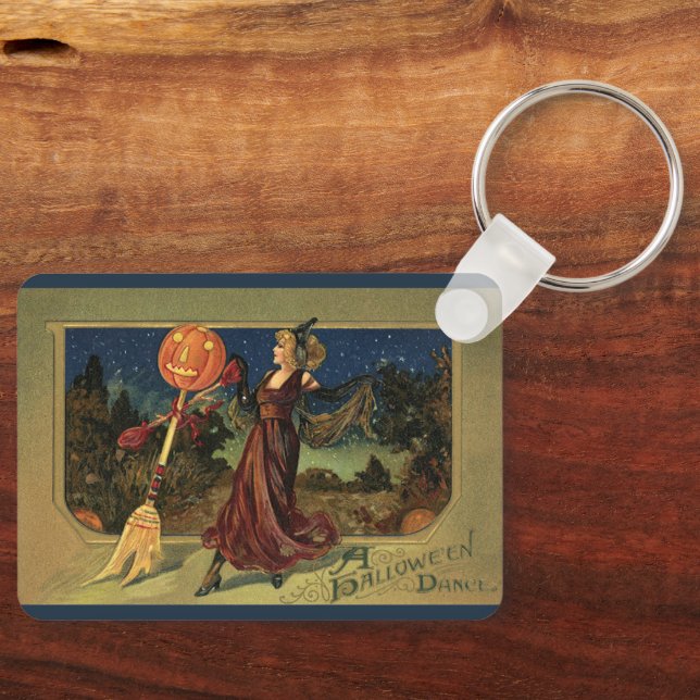 Porte-clés Halloween vintage, jolie sorcière dansante (Recto)