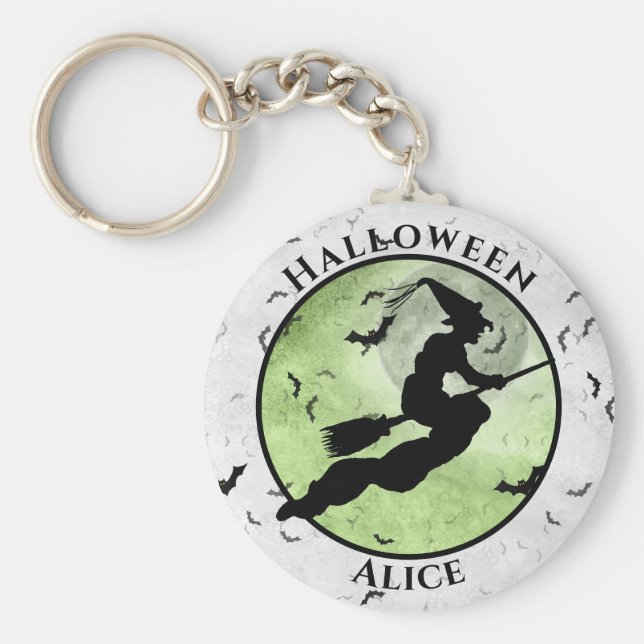 Porte-clés Halloween Volant Black Sorcière Silhouette Vert (Devant)