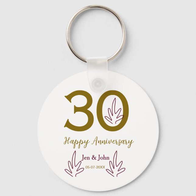 Porte-clés Happy 30th anniversary name date golden red leaf (Recto)