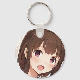 Porte-clés Happy anime girl cute manga brown hair amber eyes