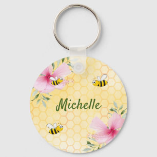 Porte-clés Happy bumble bees yellow honeycomb cute name