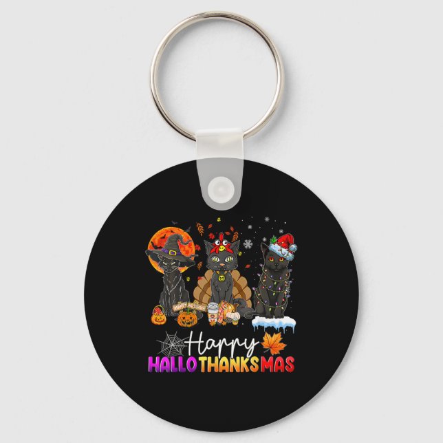 Porte-clés Happy Hallothanksmas Black Cat Halloween Thanksgiv (Recto)