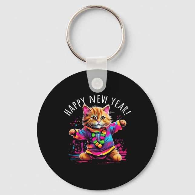 Porte-clés Happy New Year Party Dancing Cat Design  (Recto)