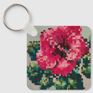 Porte-clés Hibiscus pixel art rose vibrant