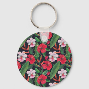 Porte-clés hibiscus rouge, orchidées, aquarelle tropicale.