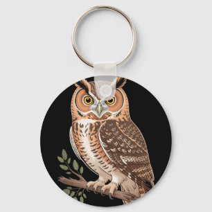 Porte-clés Hibou drôle illustration réaliste d'oiseau perchéD
