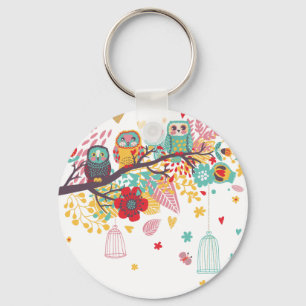 Porte-clés Hiboux mignons et arrière - plan floral coloré