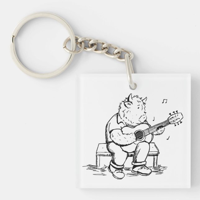 Porte-clés Highland Cow Plays Acoustic Guitar (Devant)