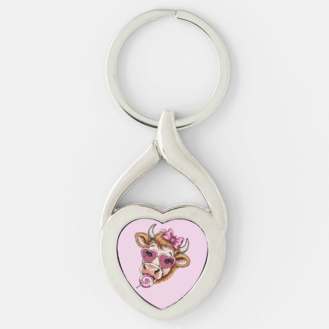 Porte-clés Highland Cow Valentine Coquette Saint-Valentin (Devant)