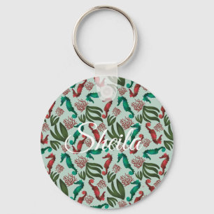 Porte-clés Hippocampe aquarelle mint nautique personnalisé