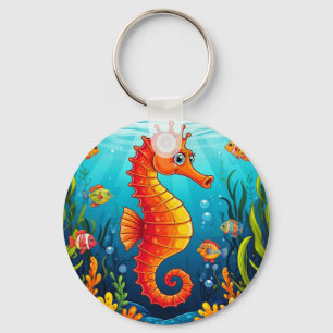 Porte-clés Hippocampe de dessin animé dans un récif de corail
