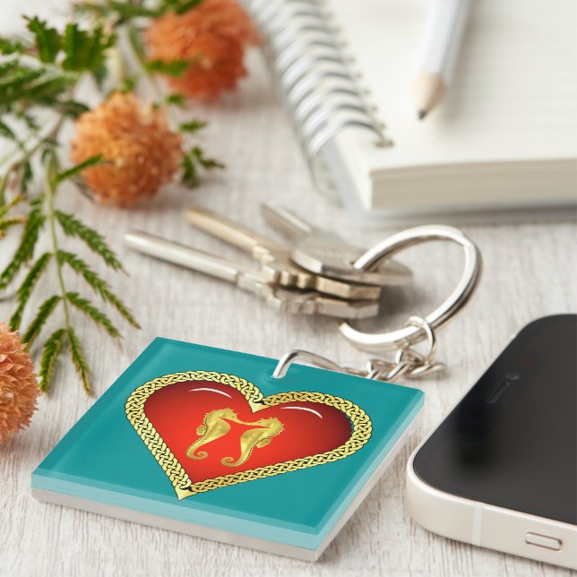 Porte-clés Hippocampe d'or nautique Coeur rouge celtique/aqua (Devant Droit)