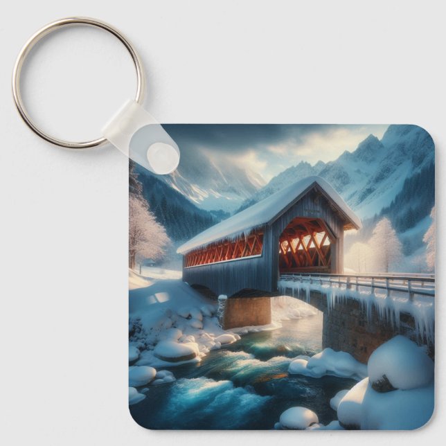 Porte-clés Hiver, pont enneigé et rivière (Recto)