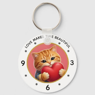 Porte-clés Horloge murale chat roux mignon avec citation d'am