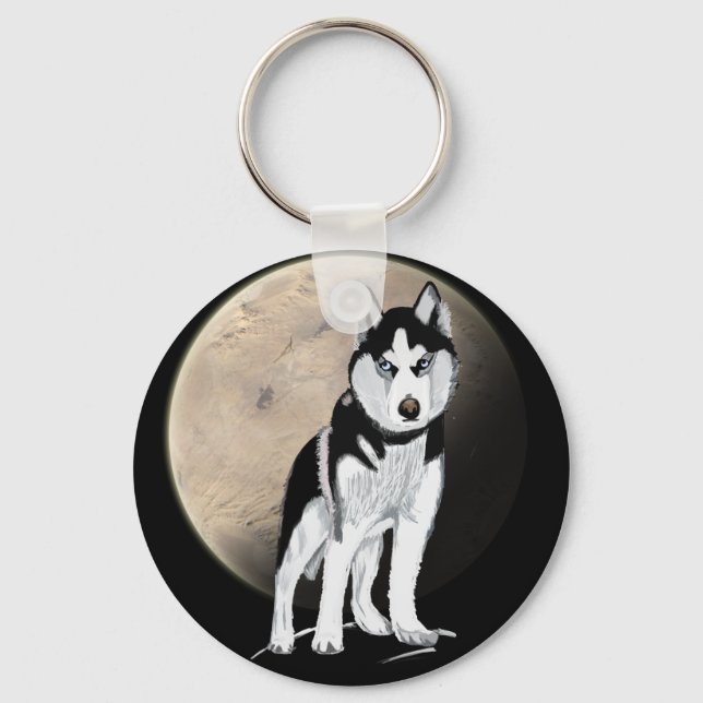 Porte-clés Husky noir et blanc dramatique contre pleine lune (Recto)