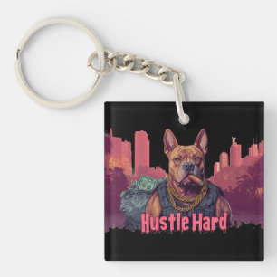 Porte-clés Hustle Hard - Pitbull Chien avec de l'argent et Ci