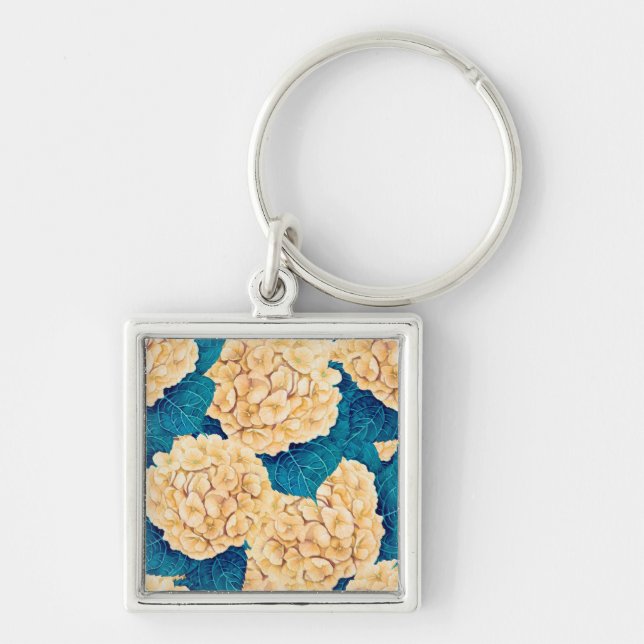 Porte-clés Hydrangea aquarelle motif, jaune et bleu (Devant)
