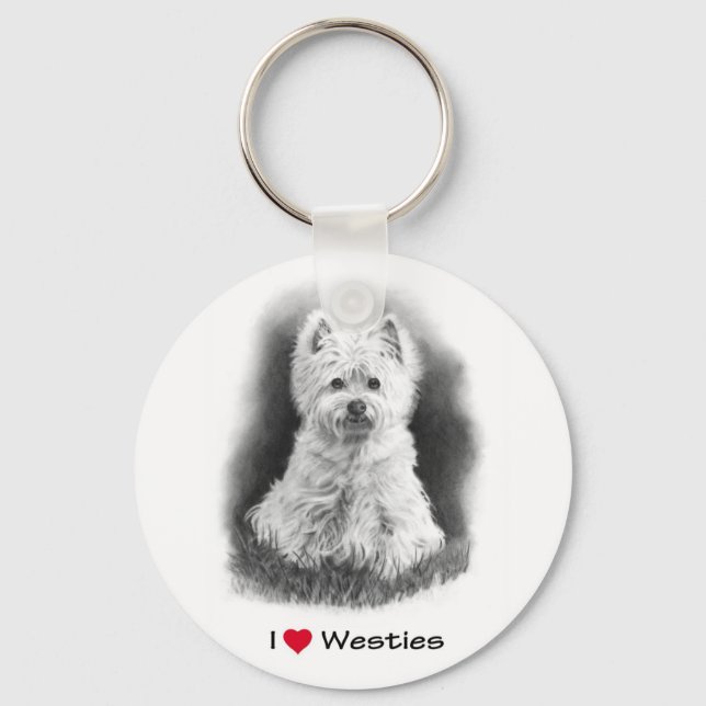 Porte-clés I Love (Coeur) Westies : Dessin au crayon (Recto)
