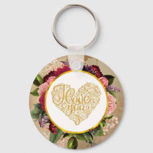 Porte-clés I Love You Fancy Golden Heart with Floral Frame