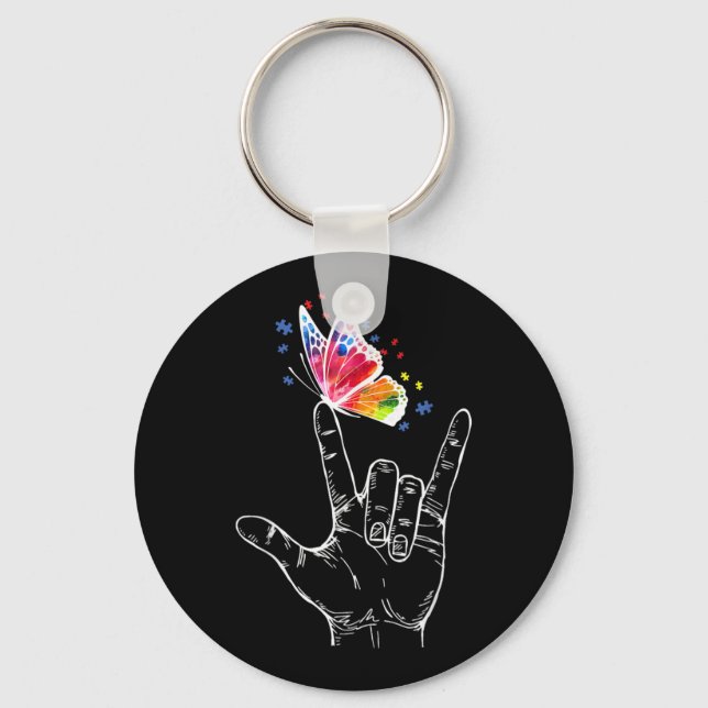 Porte-clés I Love You Hand Sign Language Butterfly Autism (Recto)