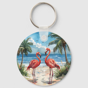 Porte-clés île tropicale flamant rose palmiers de