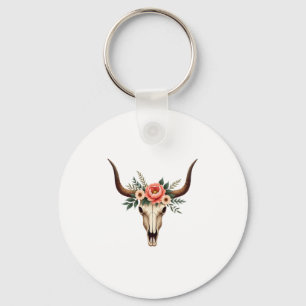 Porte-clés Illustration de crâne de taureau floral vintage Bo
