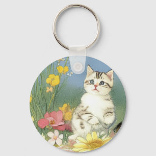 Porte-clés Illustration de Kitten vintage avec Fleurs Jaunes
