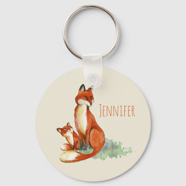 Porte-clés Illustration de l'aquarelle Momma Fox et Baby (Recto)