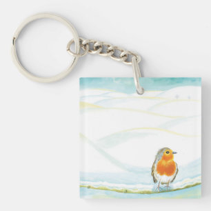 Porte-clés Illustration de paysage hivernal blanc avec rouge-