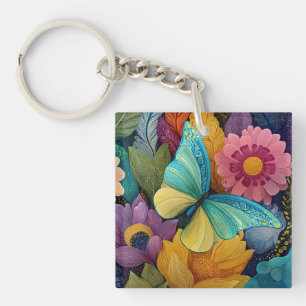 Porte-clés Illustration florale et papillon détaillée