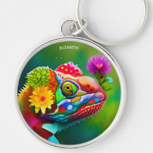 Porte-clés Imaginaire Panthère Colorée Chameleon Avec Fleurs