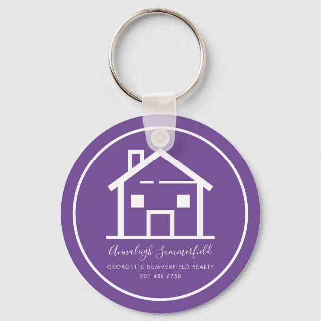 Porte-clés Immobilier moderne Maison blanche violet personnal (Recto)