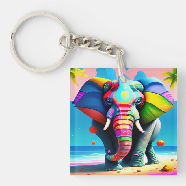 Porte-clés Impression d'éléphant arc-en-ciel drôle et ludique (Devant)