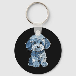 Porte-clés Imprimé animal de chien drôle rétro en denim