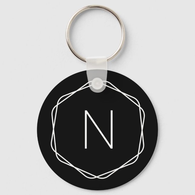 Porte-clés initial octogone monogramme noir élégan (Recto)