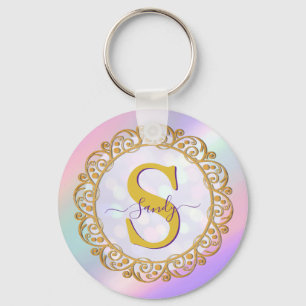 Porte-clés Initiale iridescente chic avec ornement doré