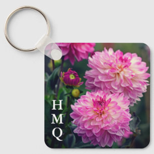 Porte-clés Initiales à fleurs de dahlia rose et blanc