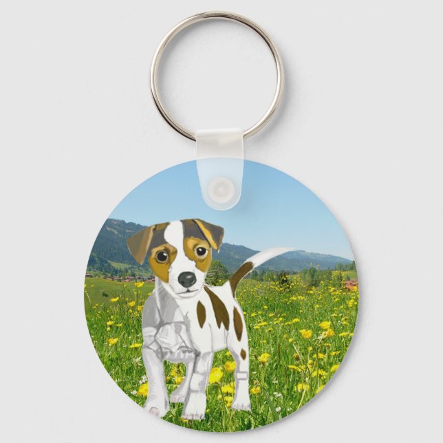 Porte-clés Jack Russell chiot dans une prairie à fleurs (Recto)