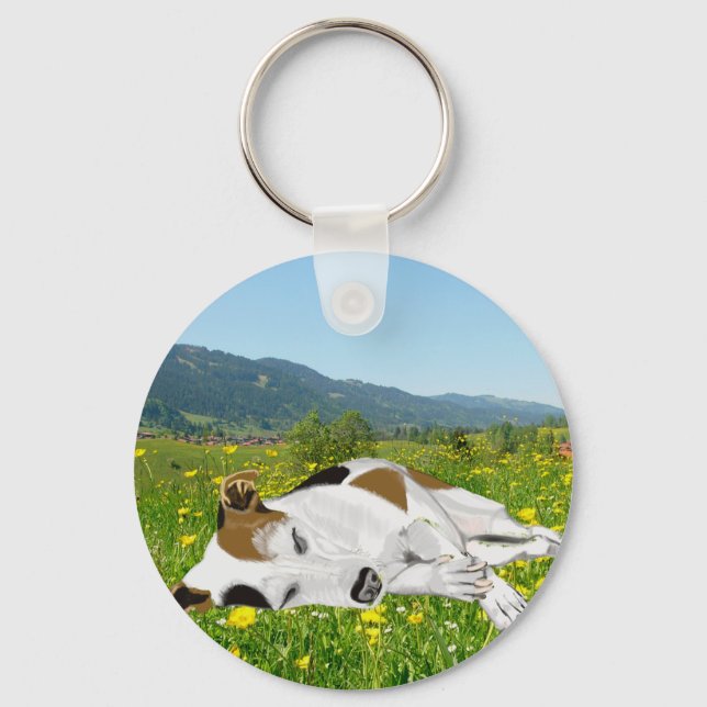 Porte-clés Jack Russell couché dans une prairie à fleurs (Recto)