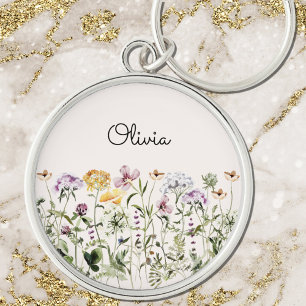 Porte-clés Jardin de fleurs sauvages à aquarelle personnalisé