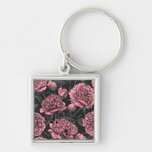 Porte-clés Jardin de pivoine nocturne rose et gris