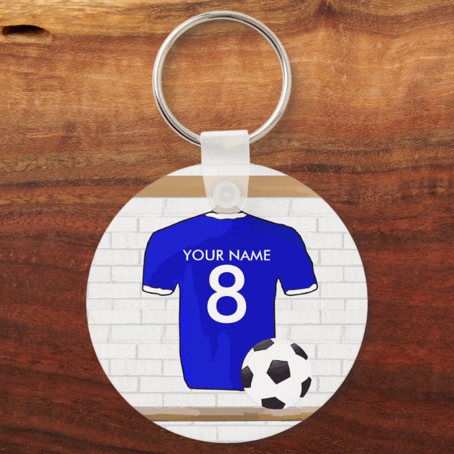 Porte-clés Jersey de football bleu blanc personnalisé (Verso)